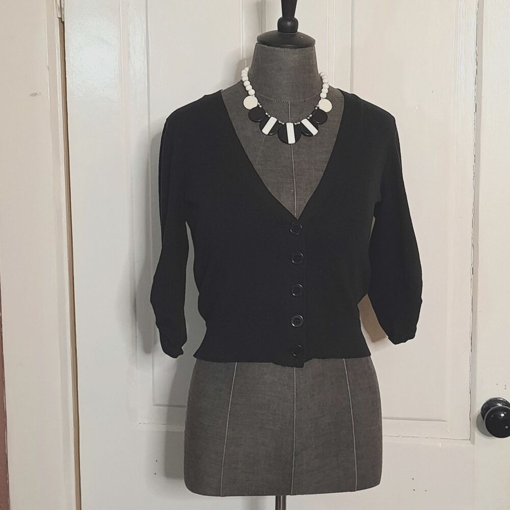 Vintage Style Y2K Glam Goth Black Cropped Button Cardigan 3/4 Tab Sleeves XS-SM